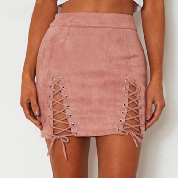 Lace Up Leather Cross Skirt with Zipper