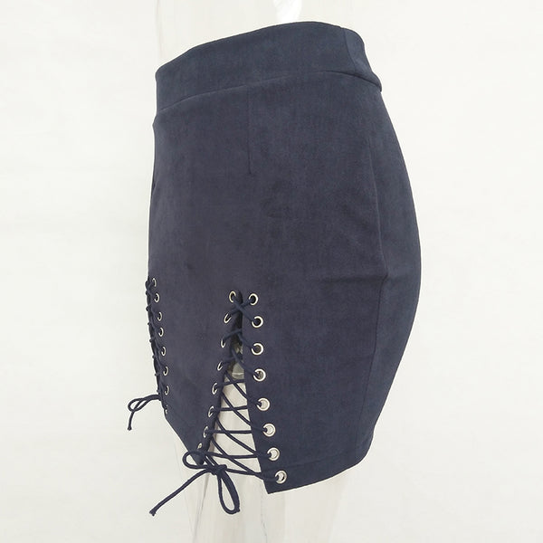 Lace Up Leather Cross Skirt with Zipper